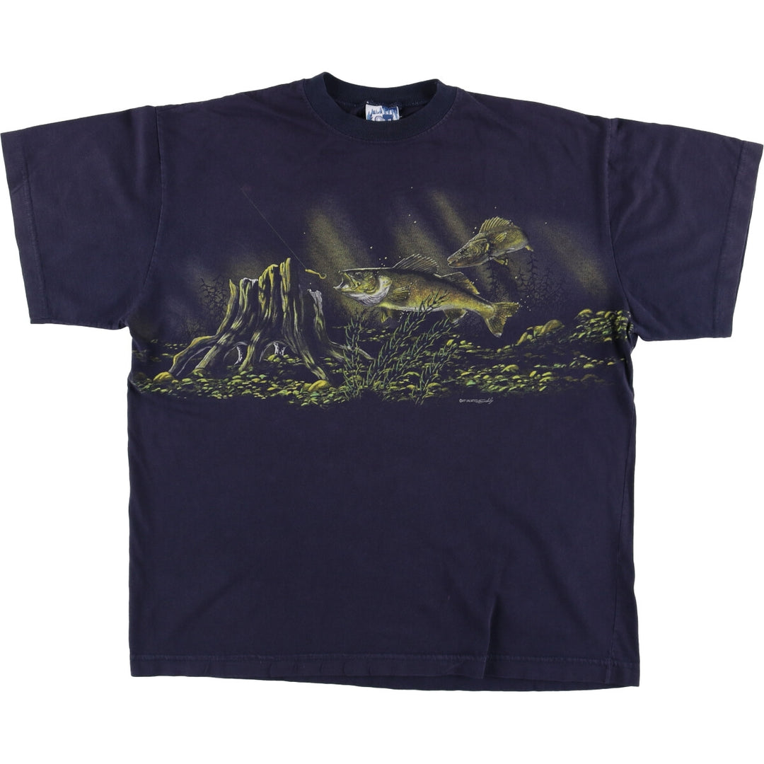 90'S ART UNLIMITED Fish Pattern Animal T-shirt Men's XL Vintage unclear navy blue type Vintage Second Hand