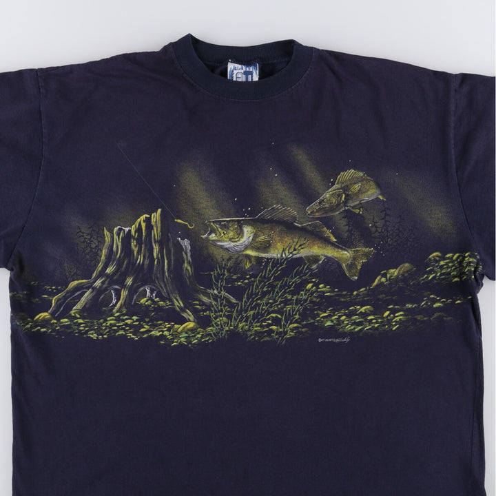 90'S ART UNLIMITED Fish Pattern Animal T-shirt Men's XL Vintage unclear navy blue type Vintage Second Hand
