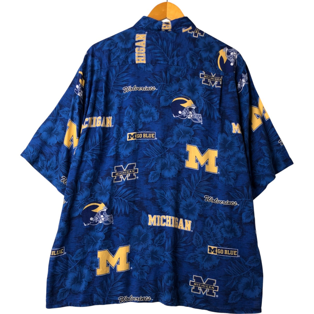 Reyn Spooner GENUINE MERCHANDISE All-over Pattern University of Michigan Rayon Hawaiian Aloha Shirt Box Shirt Men's Size L Rayon blue type Vintage Second Hand