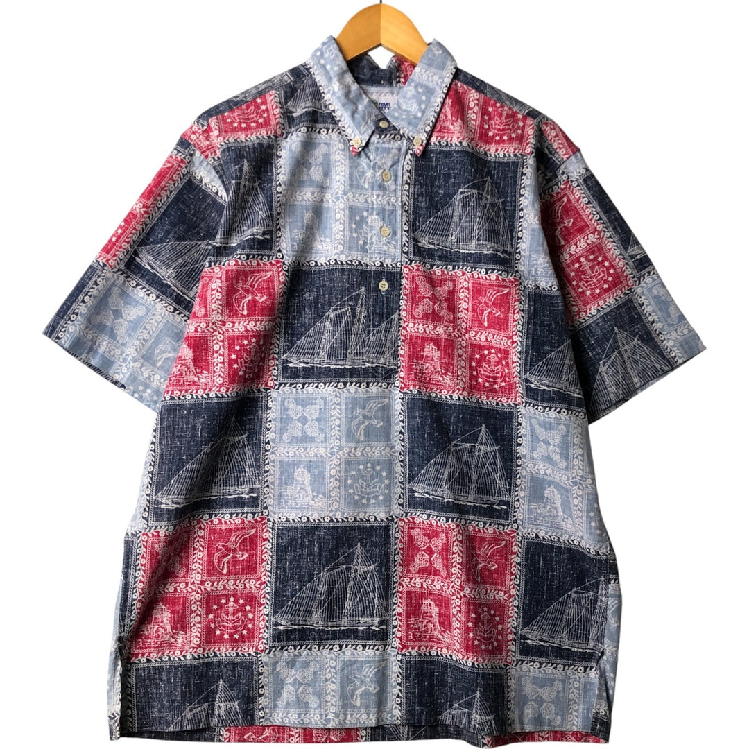 90'S Reyn Spooner Swimsuit Tag All-Over Print Pullover Button-Down Hawaiian Aloha Shirt Box Shirt Men's L Size cotton red type Vintage Second Hand