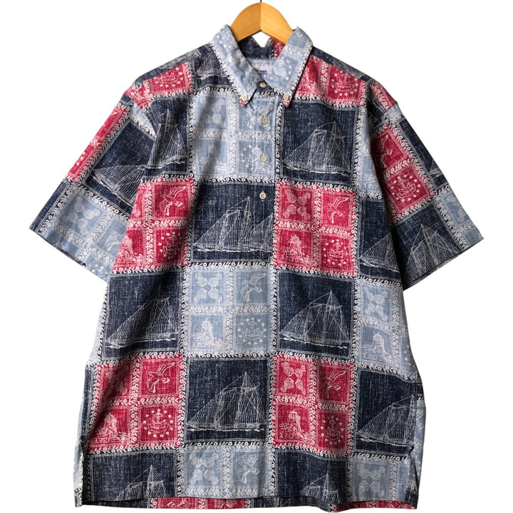 90'S Reyn Spooner Swimsuit Tag All-Over Print Pullover Button-Down Hawaiian Aloha Shirt Box Shirt Men's L Size cotton red type Vintage Second Hand