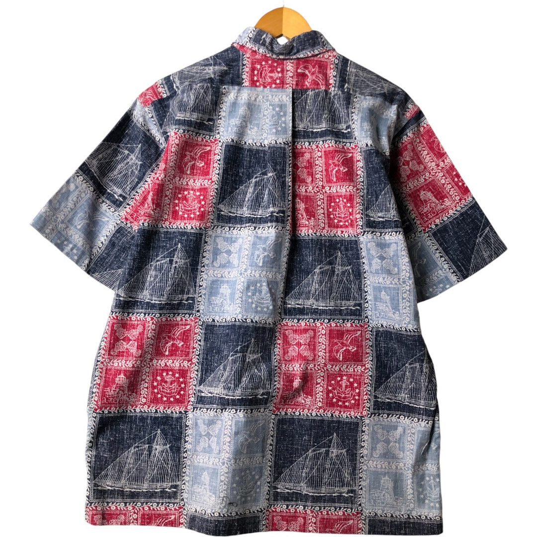 90'S Reyn Spooner Swimsuit Tag All-Over Print Pullover Button-Down Hawaiian Aloha Shirt Box Shirt Men's L Size cotton red type Vintage Second Hand