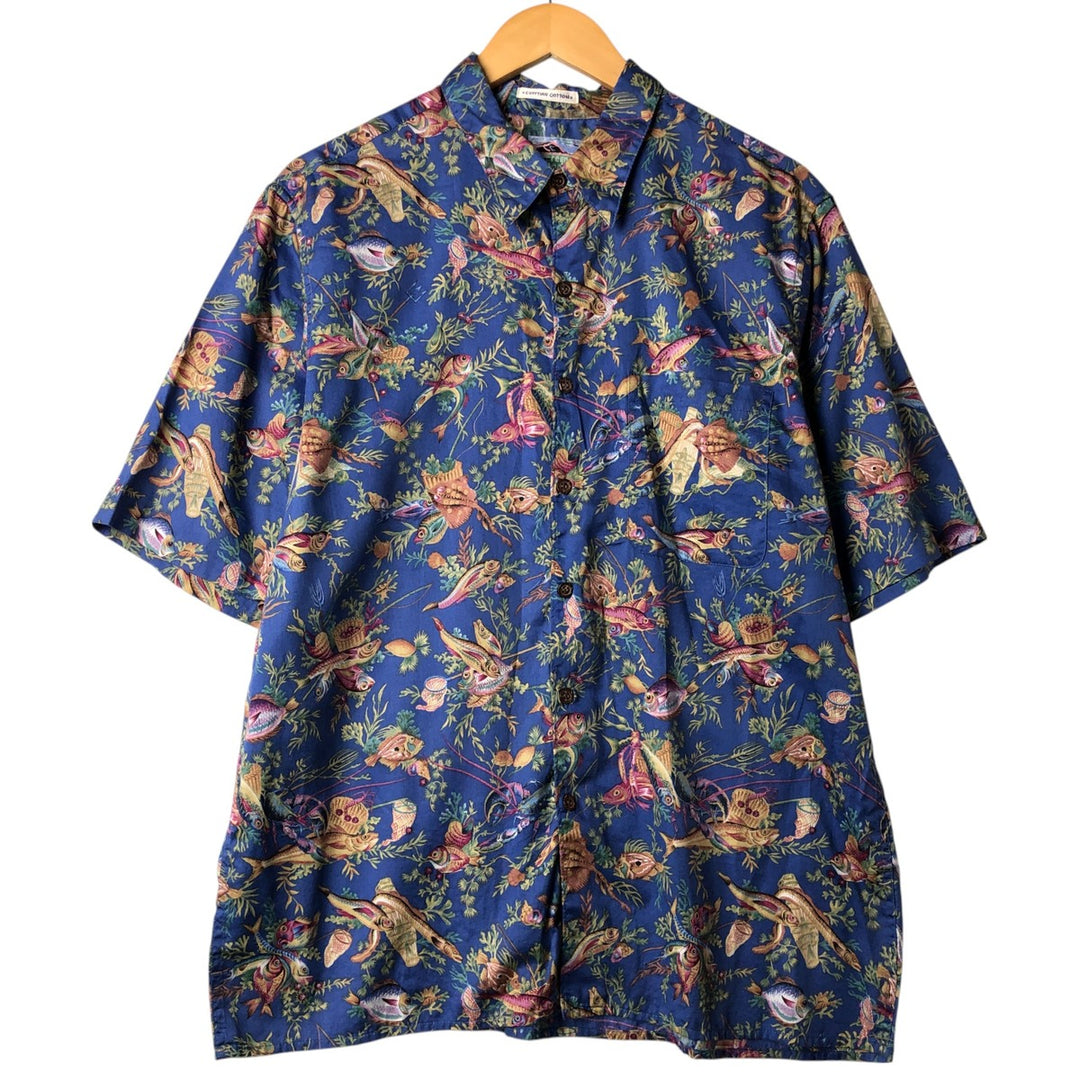 80s-90'S Reyn Spooner Diamond Head Tag Egyptian Cotton All-over Hawaiian Aloha Shirt Men's L size cotton blue type Vintage Second Hand