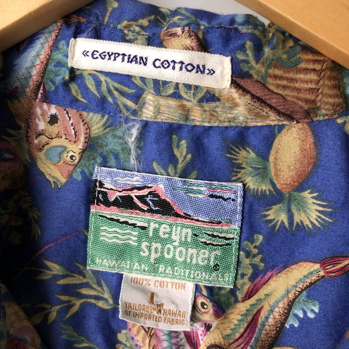 80s-90'S Reyn Spooner Diamond Head Tag Egyptian Cotton All-over Hawaiian Aloha Shirt Men's L size cotton blue type Vintage Second Hand