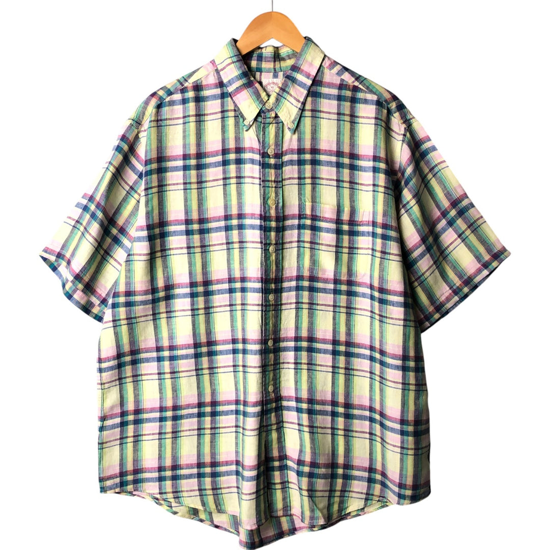Brooks Brothers 346 Check Pattern Short Sleeve Linen Button Down Shirt Men's XL linen green type yellow green Vintage Second Hand