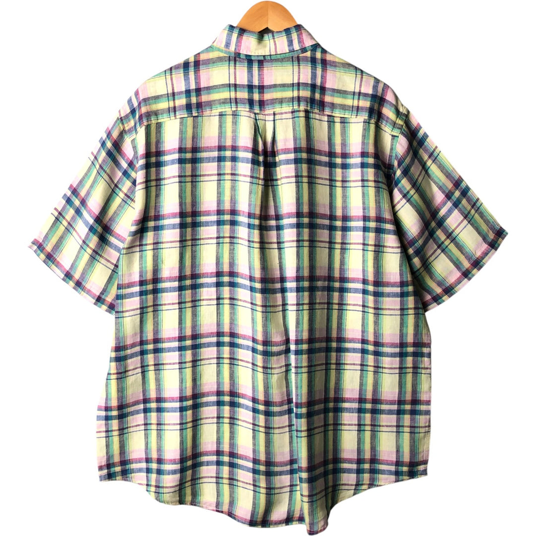 Brooks Brothers 346 Check Pattern Short Sleeve Linen Button Down Shirt Men's XL linen green type yellow green Vintage Second Hand