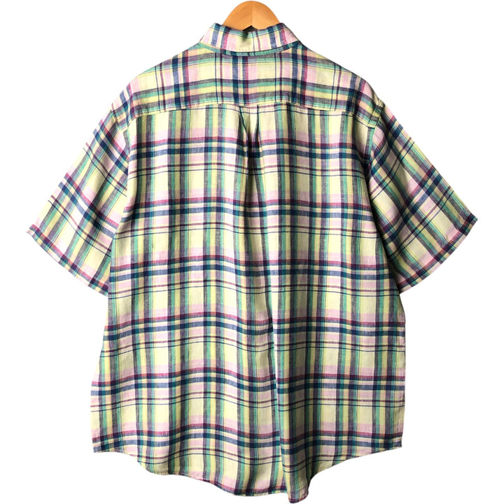 Brooks Brothers 346 Check Pattern Short Sleeve Linen Button Down Shirt Men's XL linen green type yellow green Vintage Second Hand
