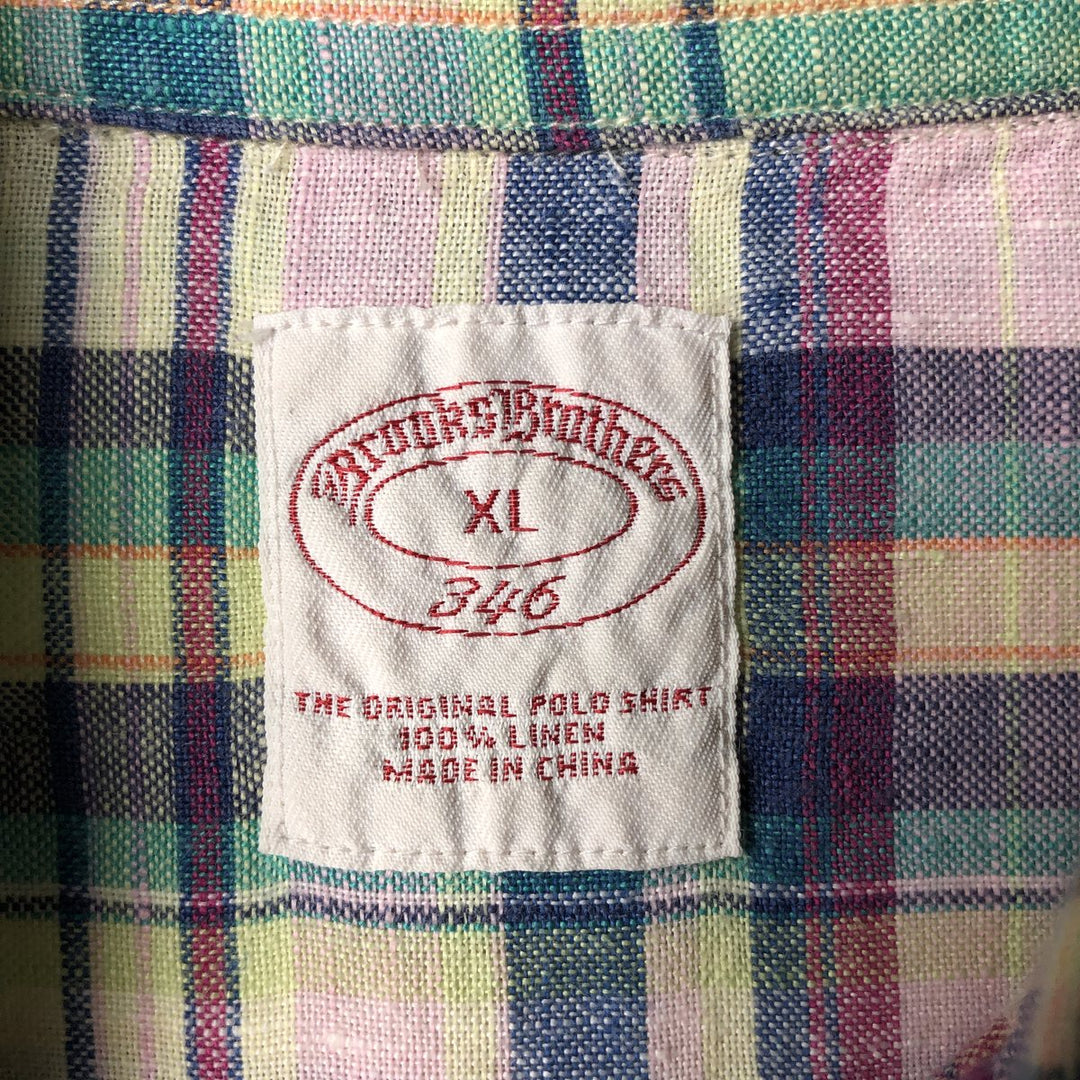 Brooks Brothers 346 Check Pattern Short Sleeve Linen Button Down Shirt Men's XL linen green type yellow green Vintage Second Hand