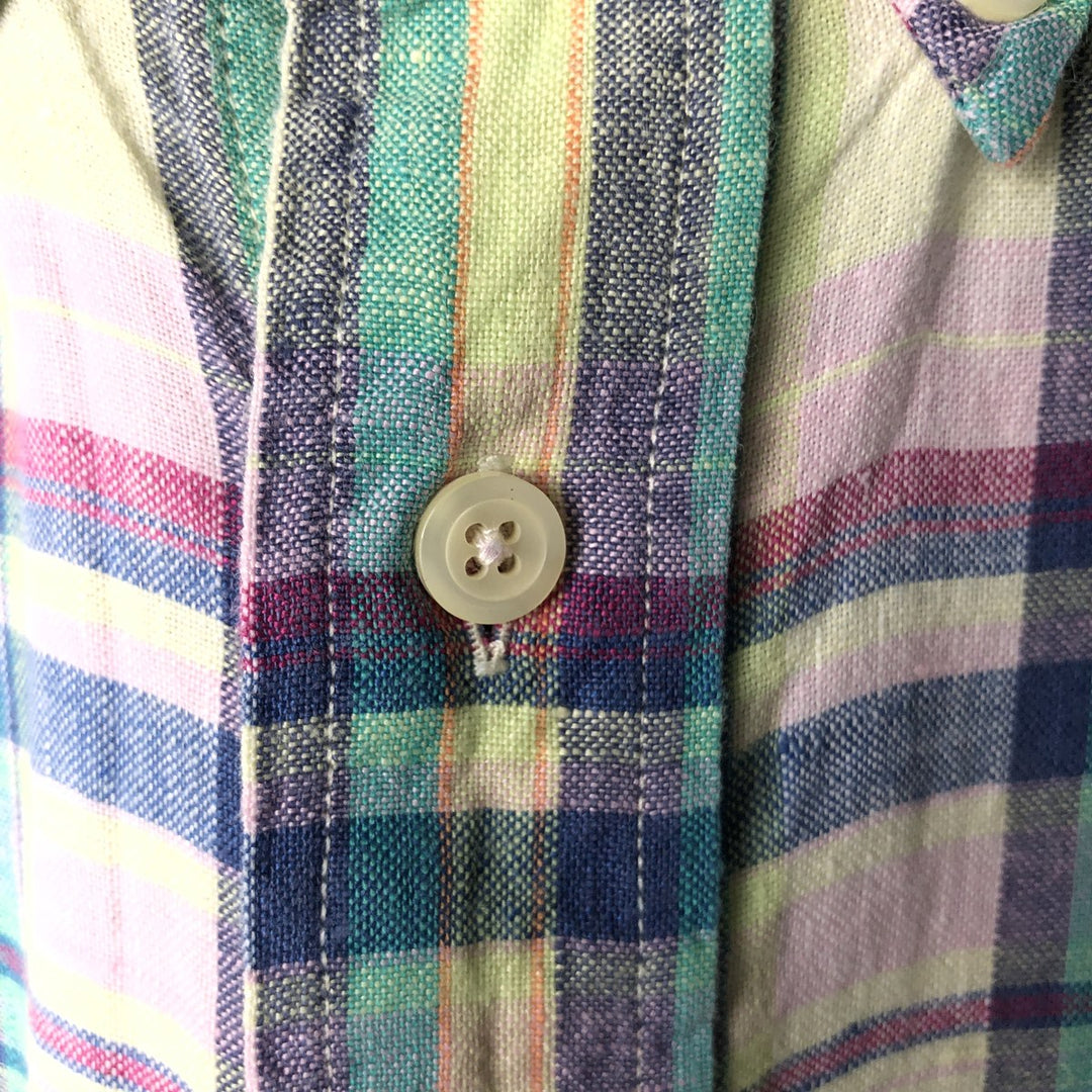 Brooks Brothers 346 Check Pattern Short Sleeve Linen Button Down Shirt Men's XL linen green type yellow green Vintage Second Hand