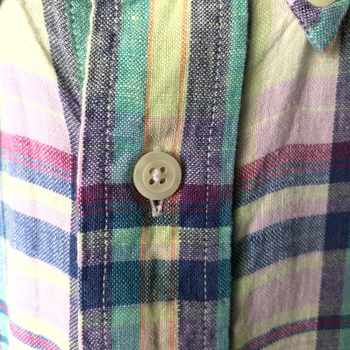 Brooks Brothers 346 Check Pattern Short Sleeve Linen Button Down Shirt Men's XL linen green type yellow green Vintage Second Hand