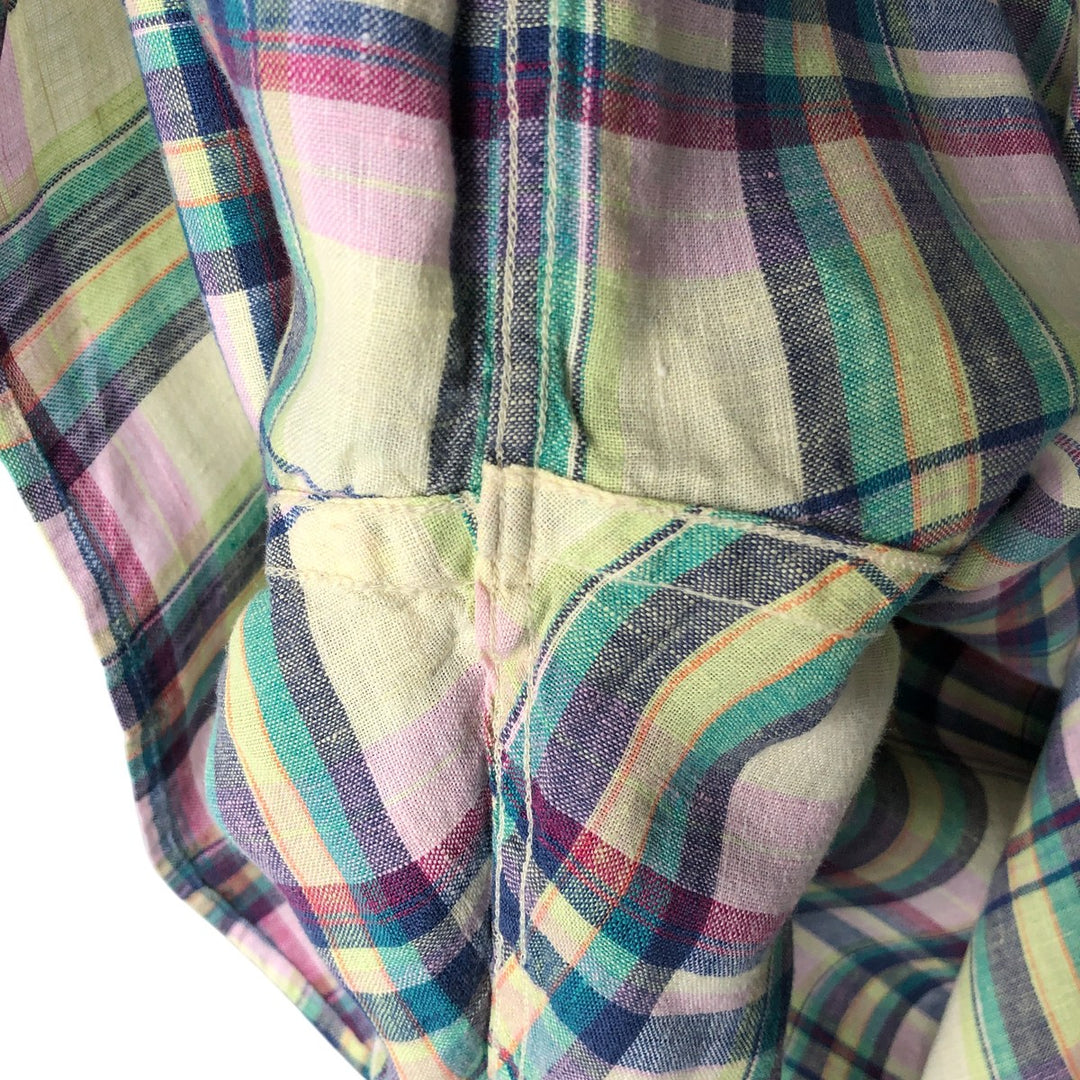 Brooks Brothers 346 Check Pattern Short Sleeve Linen Button Down Shirt Men's XL linen green type yellow green Vintage Second Hand