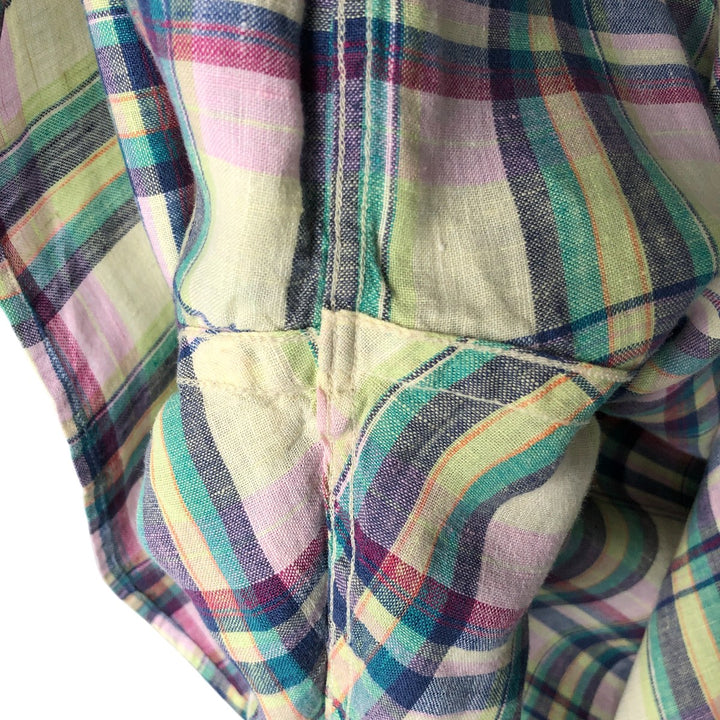 Brooks Brothers 346 Check Pattern Short Sleeve Linen Button Down Shirt Men's XL linen green type yellow green Vintage Second Hand