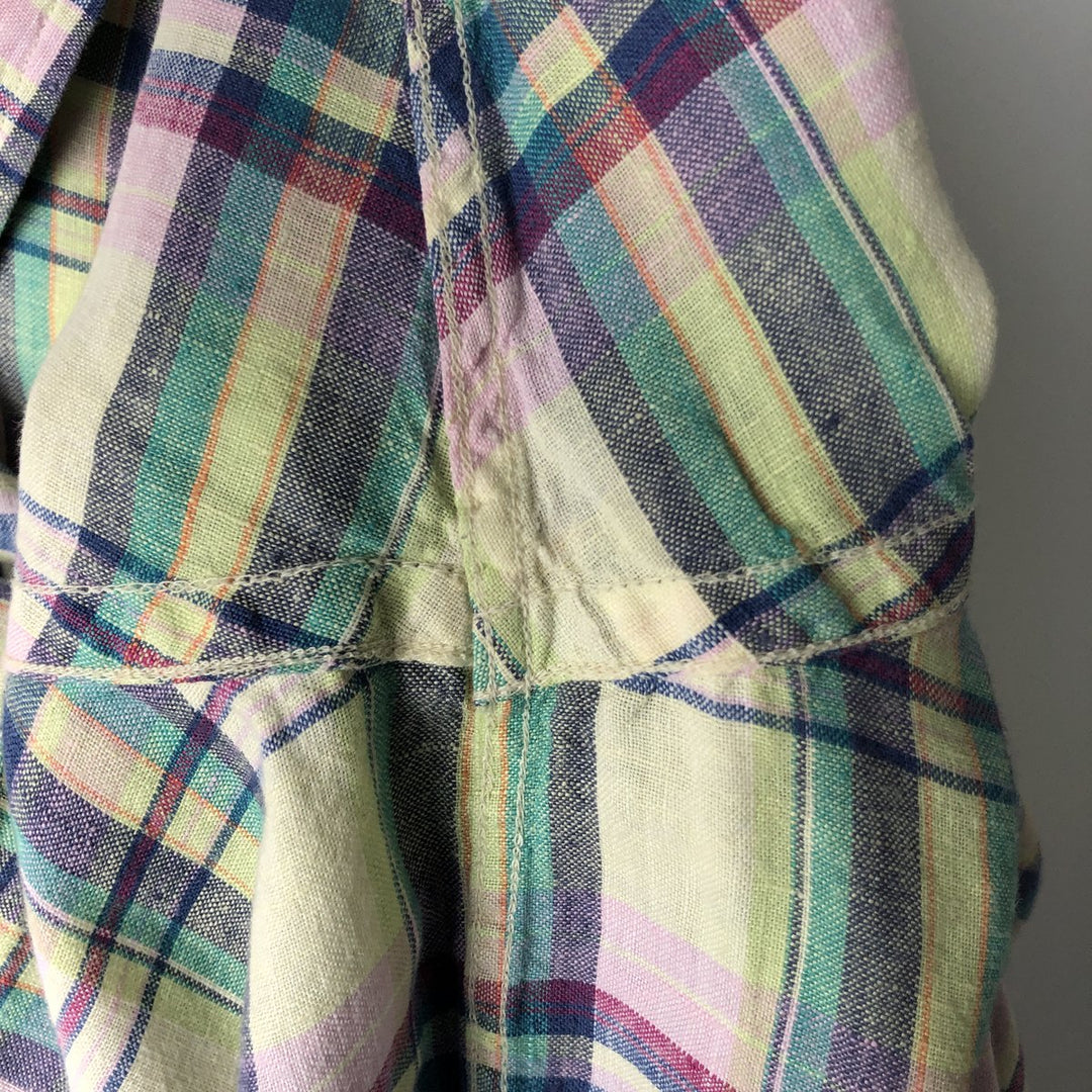 Brooks Brothers 346 Check Pattern Short Sleeve Linen Button Down Shirt Men's XL linen green type yellow green Vintage Second Hand