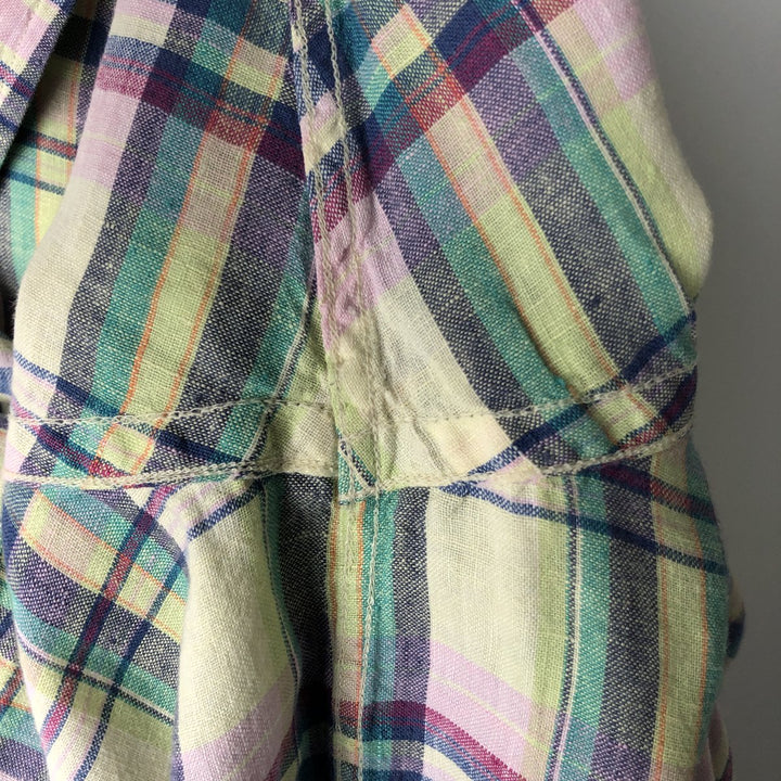 Brooks Brothers 346 Check Pattern Short Sleeve Linen Button Down Shirt Men's XL linen green type yellow green Vintage Second Hand