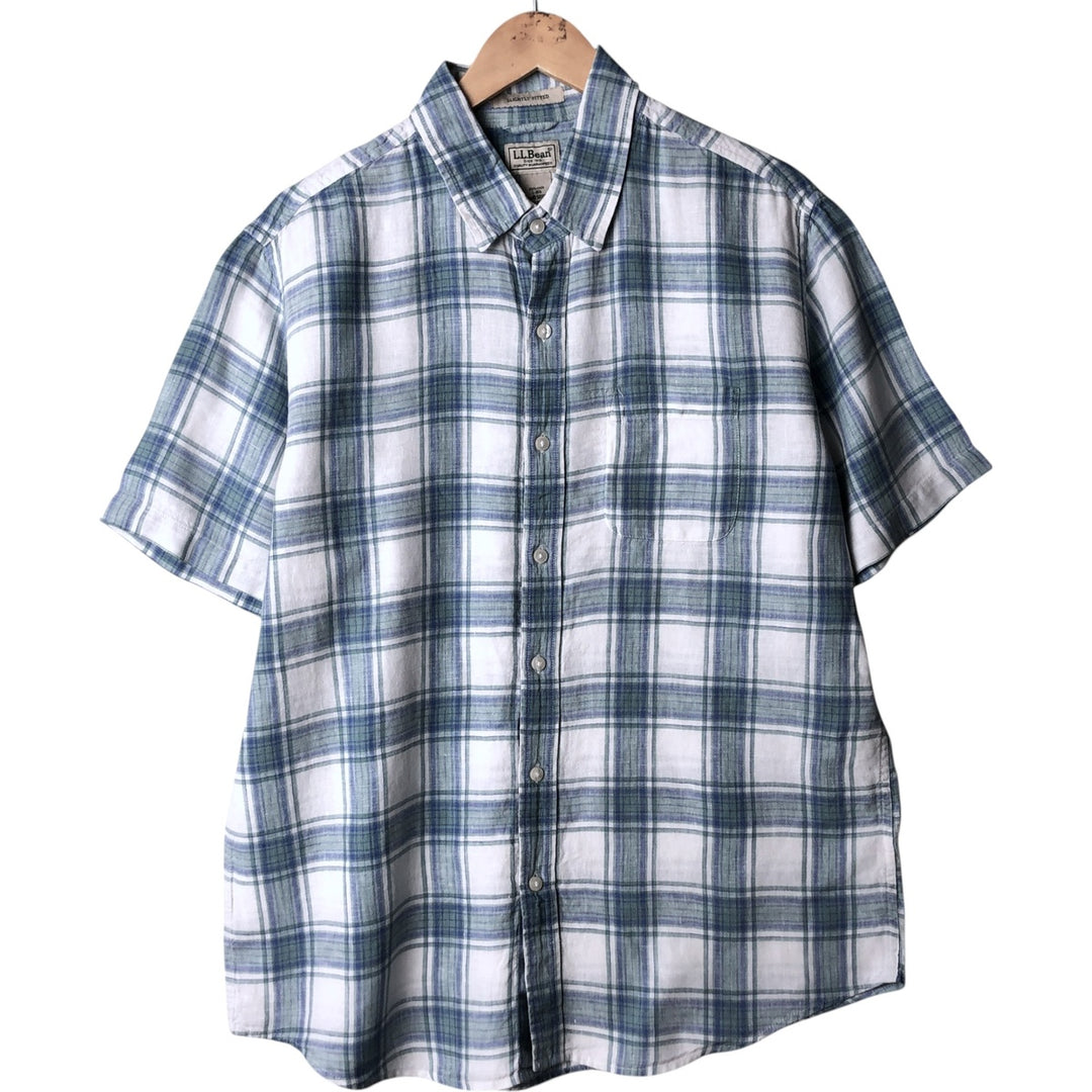 90s-00'S LLBean Slightly Fitted Check Pattern Short Sleeve Linen Shirt, Men's Size L, Vintage linen white type Vintage Second Hand