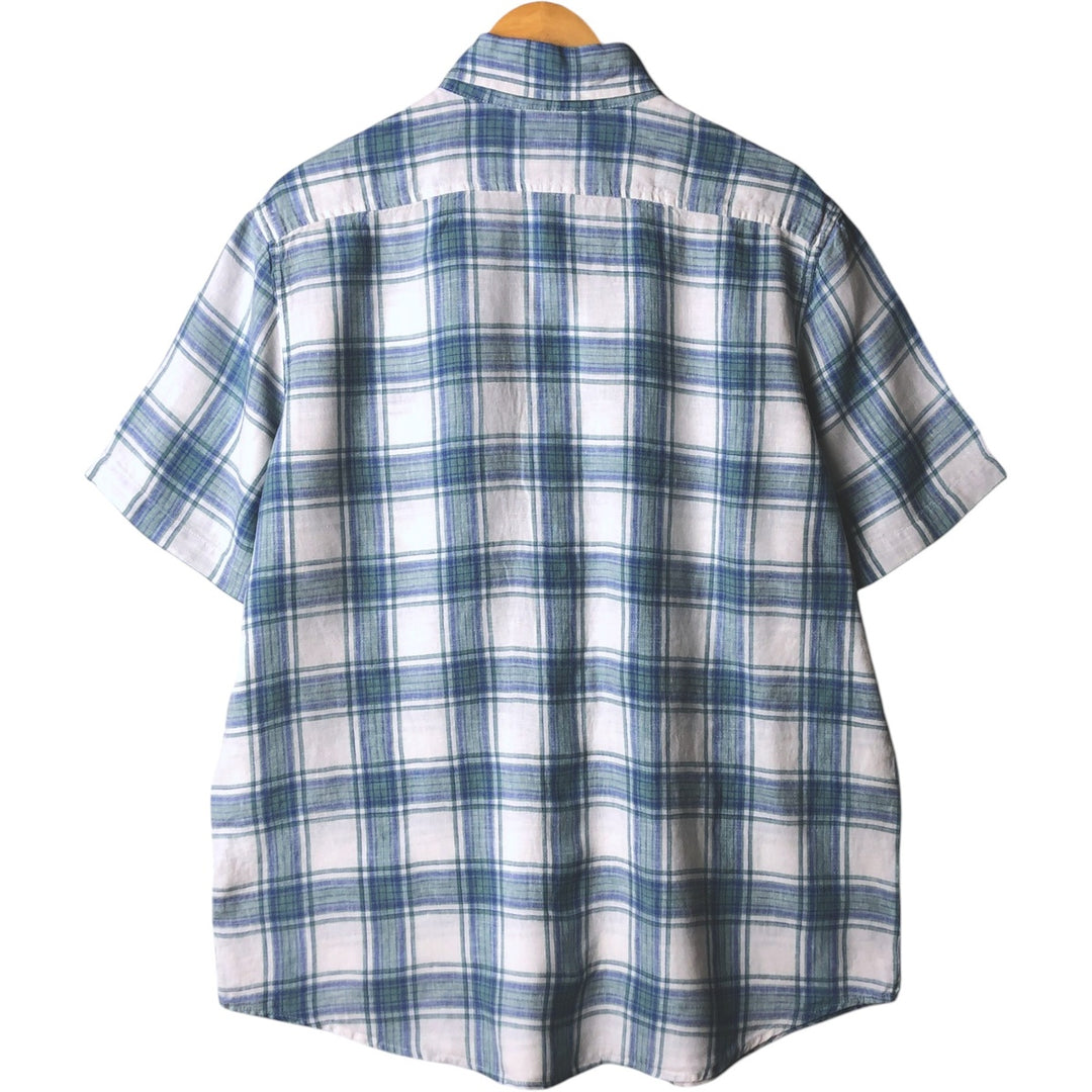 90s-00'S LLBean Slightly Fitted Check Pattern Short Sleeve Linen Shirt, Men's Size L, Vintage linen white type Vintage Second Hand