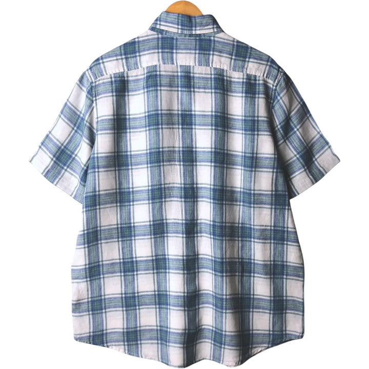 90s-00'S LLBean Slightly Fitted Check Pattern Short Sleeve Linen Shirt, Men's Size L, Vintage linen white type Vintage Second Hand
