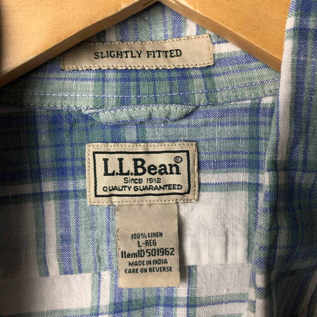 90s-00'S LLBean Slightly Fitted Check Pattern Short Sleeve Linen Shirt, Men's Size L, Vintage linen white type Vintage Second Hand