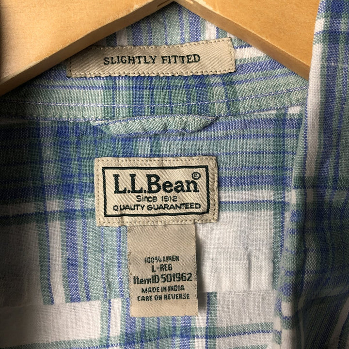 90s-00'S LLBean Slightly Fitted Check Pattern Short Sleeve Linen Shirt, Men's Size L, Vintage linen white type Vintage Second Hand