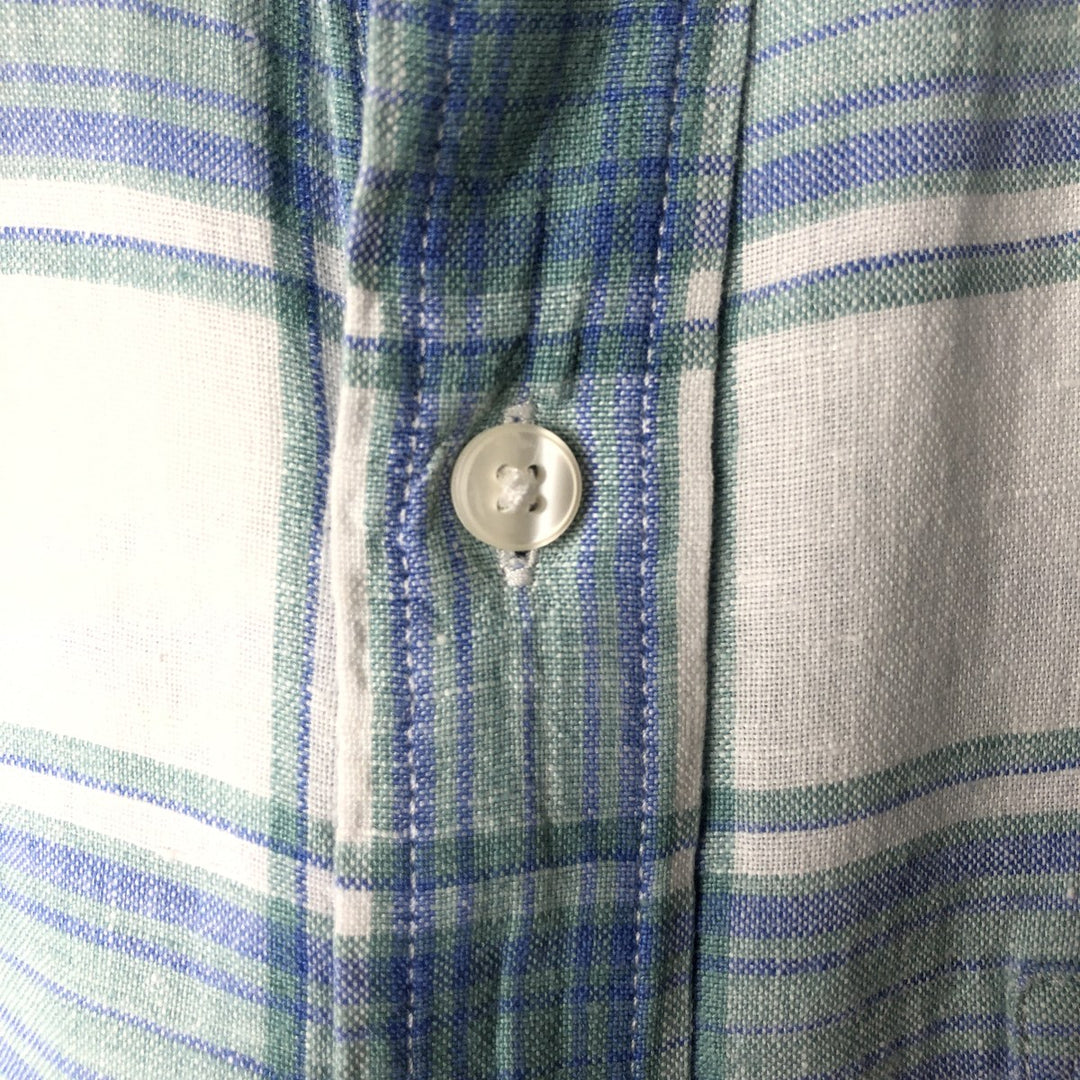 90s-00'S LLBean Slightly Fitted Check Pattern Short Sleeve Linen Shirt, Men's Size L, Vintage linen white type Vintage Second Hand