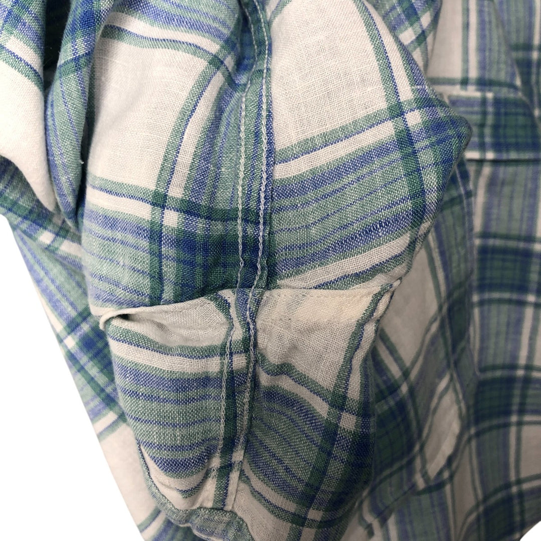 90s-00'S LLBean Slightly Fitted Check Pattern Short Sleeve Linen Shirt, Men's Size L, Vintage linen white type Vintage Second Hand