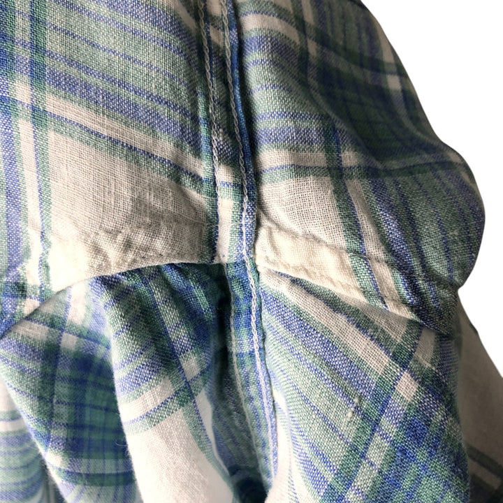 90s-00'S LLBean Slightly Fitted Check Pattern Short Sleeve Linen Shirt, Men's Size L, Vintage linen white type Vintage Second Hand
