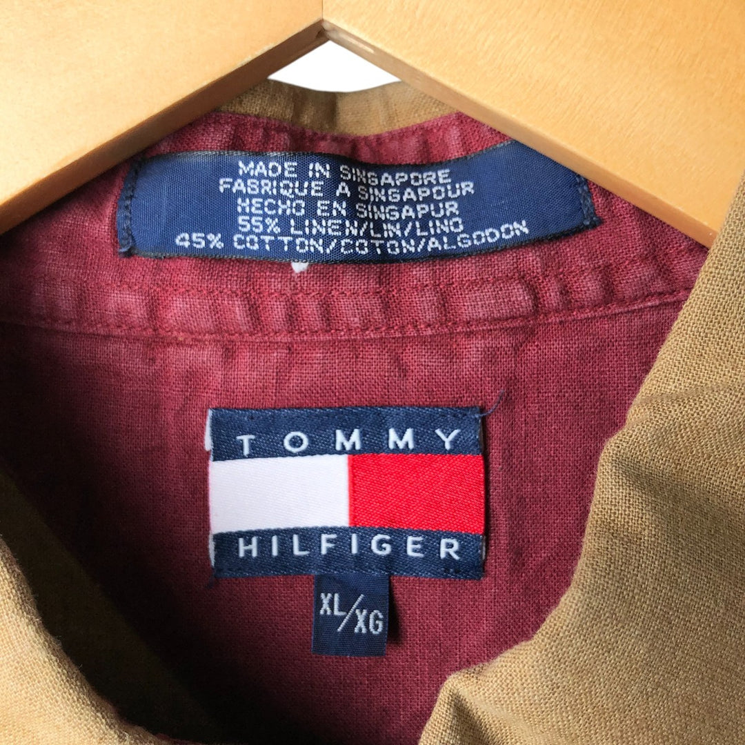 Vintage 90'S Tommy Hilfiger short-sleeved cotton and linen button-down shirt, men's size XL linen beige type brown Vintage Second Hand