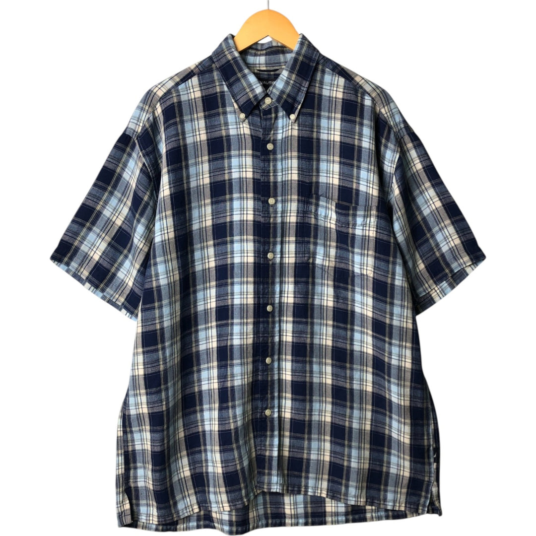 00'S NAUTICA Check Pattern Short Sleeve Linen Shirt Men's XL Box Shirt linen blue type Vintage Second Hand