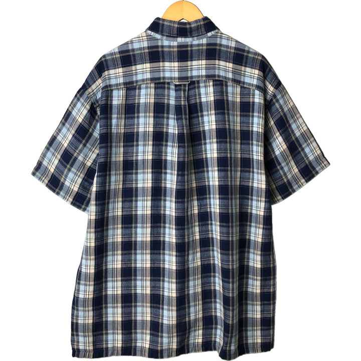 00'S NAUTICA Check Pattern Short Sleeve Linen Shirt Men's XL Box Shirt linen blue type Vintage Second Hand