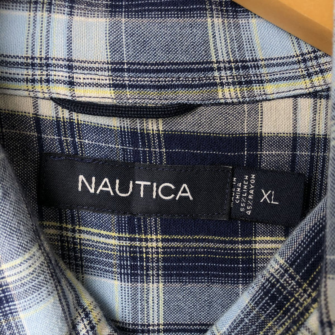 00'S NAUTICA Check Pattern Short Sleeve Linen Shirt Men's XL Box Shirt linen blue type Vintage Second Hand