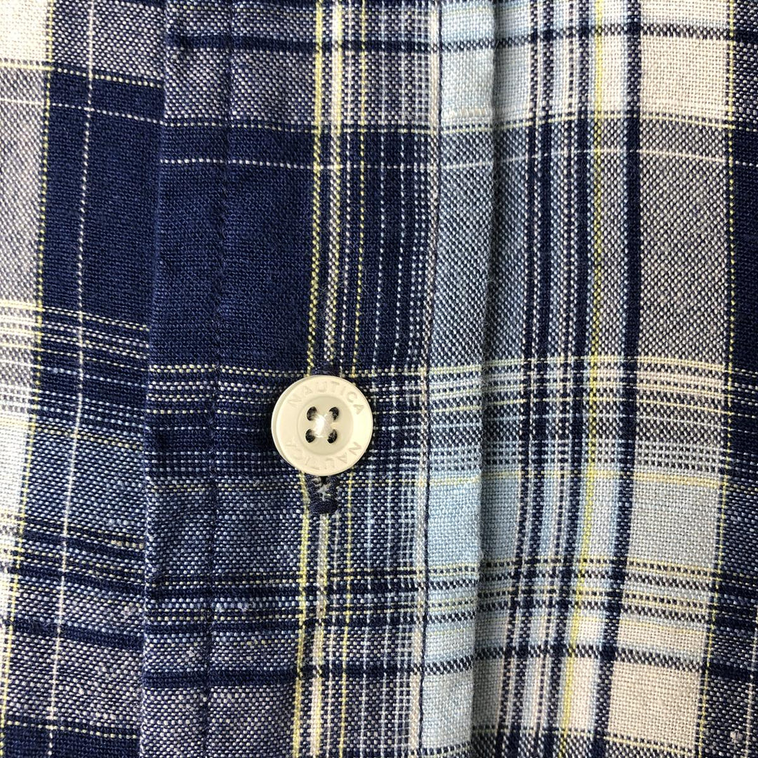 00'S NAUTICA Check Pattern Short Sleeve Linen Shirt Men's XL Box Shirt linen blue type Vintage Second Hand