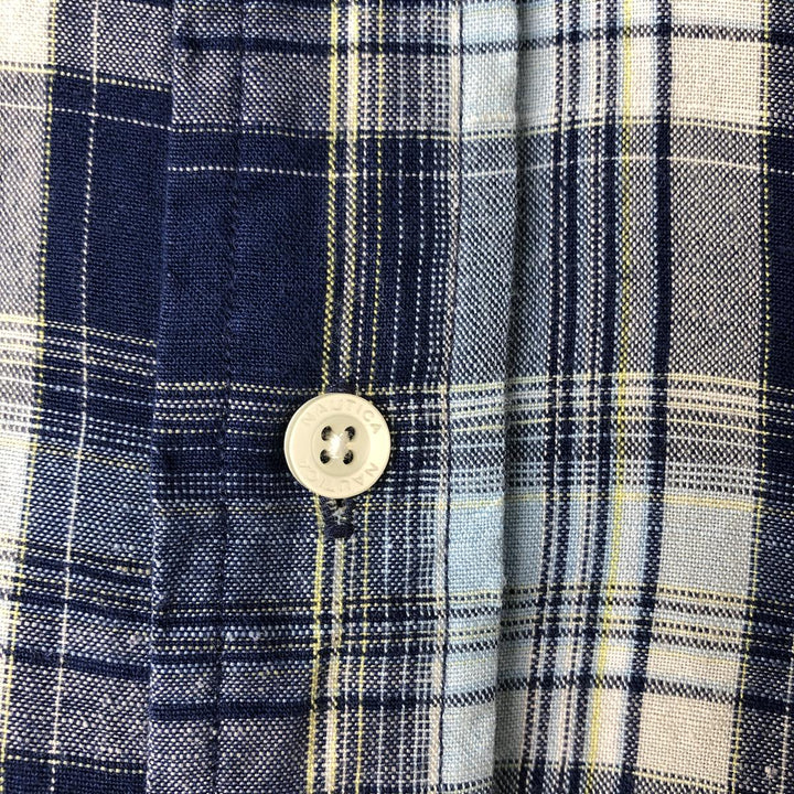 00'S NAUTICA Check Pattern Short Sleeve Linen Shirt Men's XL Box Shirt linen blue type Vintage Second Hand
