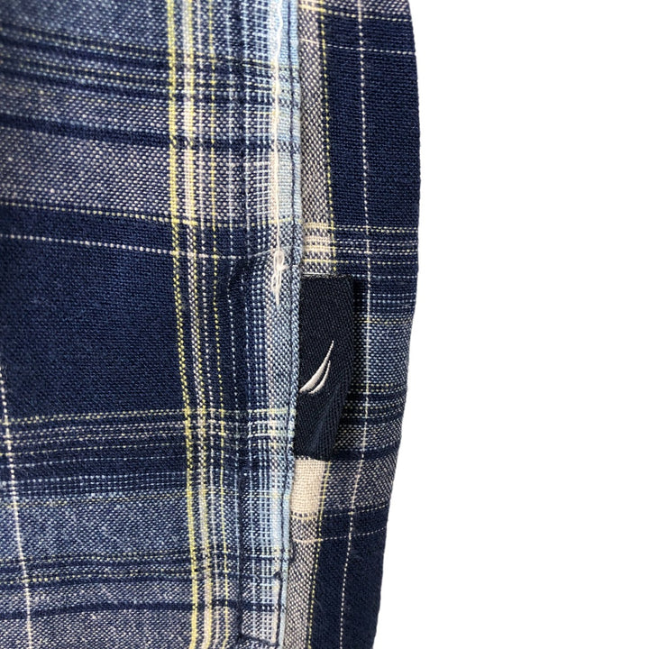 00'S NAUTICA Check Pattern Short Sleeve Linen Shirt Men's XL Box Shirt linen blue type Vintage Second Hand