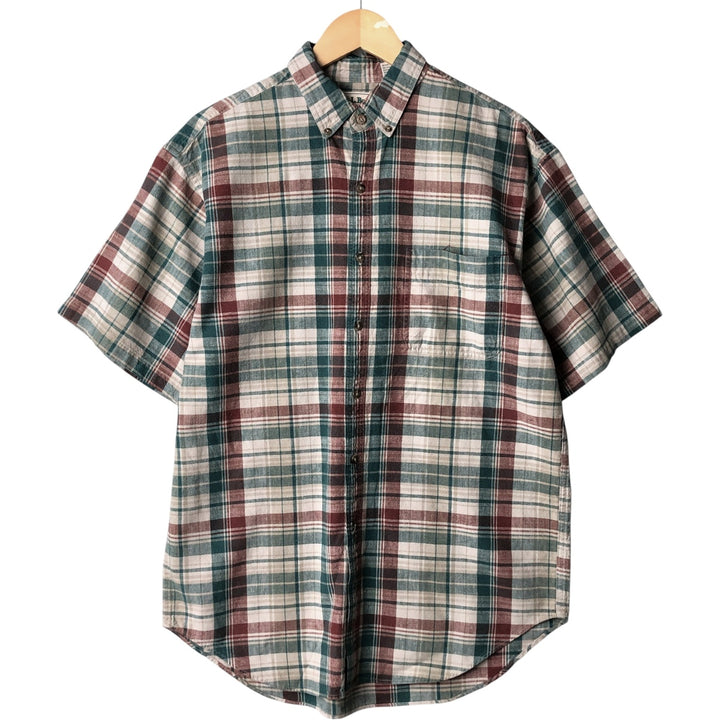 Vintage 70s-80'S LLBean Check Pattern Short Sleeve Cotton and Linen Button-Down Shirt, Men's Size Medium linen Beige type Vintage Second Hand
