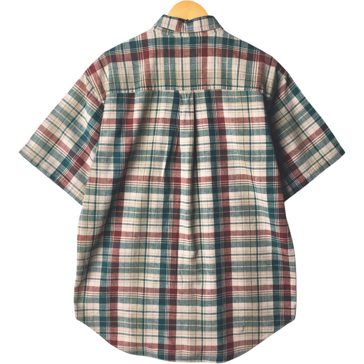Vintage 70s-80'S LLBean Check Pattern Short Sleeve Cotton and Linen Button-Down Shirt, Men's Size Medium linen Beige type Vintage Second Hand