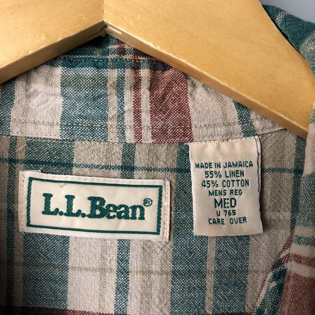 Vintage 70s-80'S LLBean Check Pattern Short Sleeve Cotton and Linen Button-Down Shirt, Men's Size Medium linen Beige type Vintage Second Hand