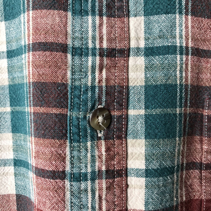 Vintage 70s-80'S LLBean Check Pattern Short Sleeve Cotton and Linen Button-Down Shirt, Men's Size Medium linen Beige type Vintage Second Hand