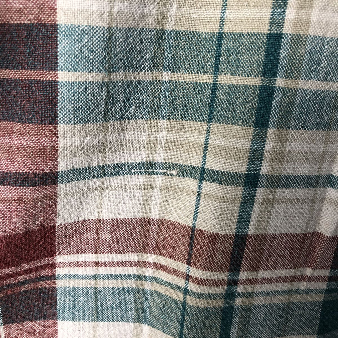Vintage 70s-80'S LLBean Check Pattern Short Sleeve Cotton and Linen Button-Down Shirt, Men's Size Medium linen Beige type Vintage Second Hand