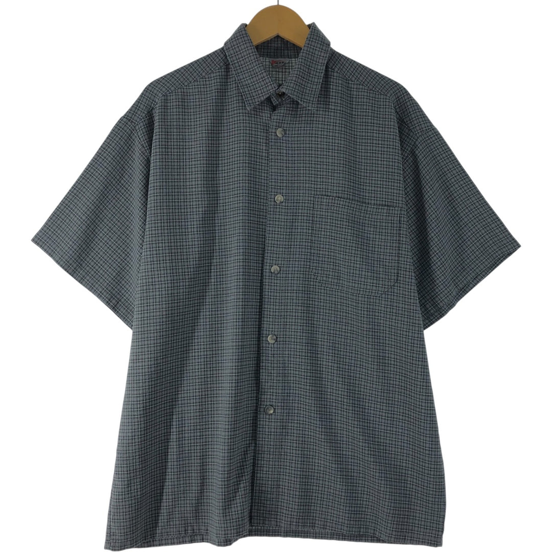 Momo Check Pattern Short Sleeve Polyester/Rayon Box Shirt, Made in USA, Men's XL, Vintage polyester gray type Vintage Second Hand