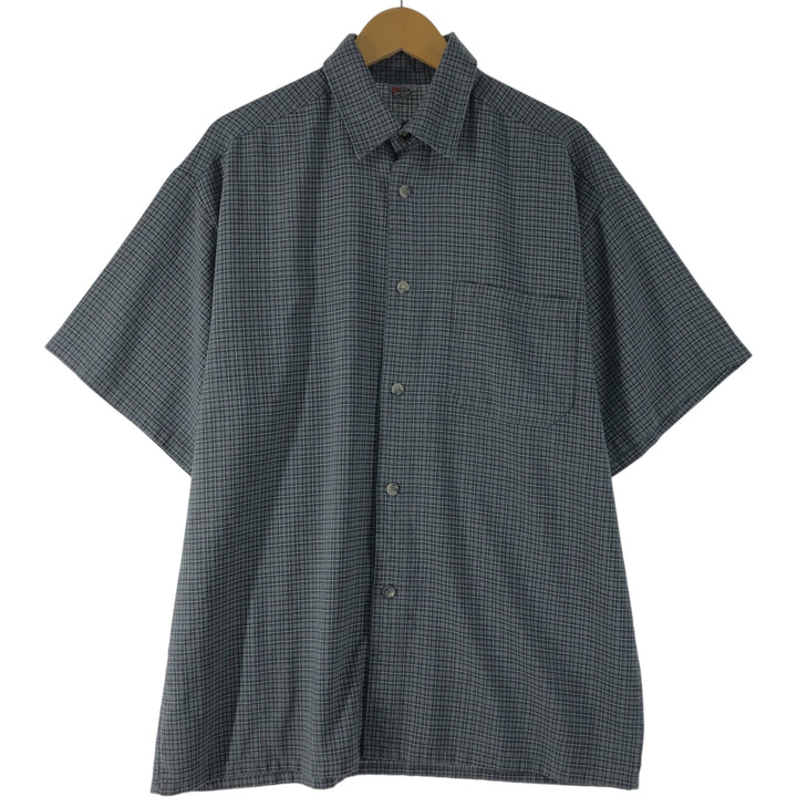 Momo Check Pattern Short Sleeve Polyester/Rayon Box Shirt, Made in USA, Men's XL, Vintage polyester gray type Vintage Second Hand