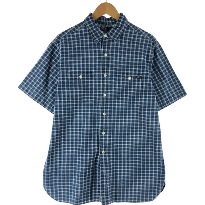 Ralph Lauren POLO by Ralph Lauren short-sleeved cotton check shirt, men's size L cotton blue type Vintage Second Hand