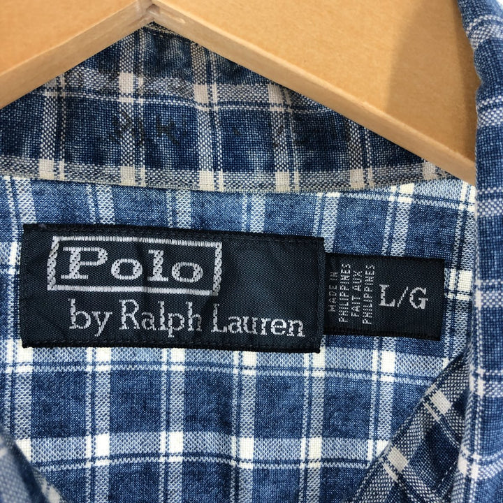 Ralph Lauren POLO by Ralph Lauren short-sleeved cotton check shirt, men's size L cotton blue type Vintage Second Hand