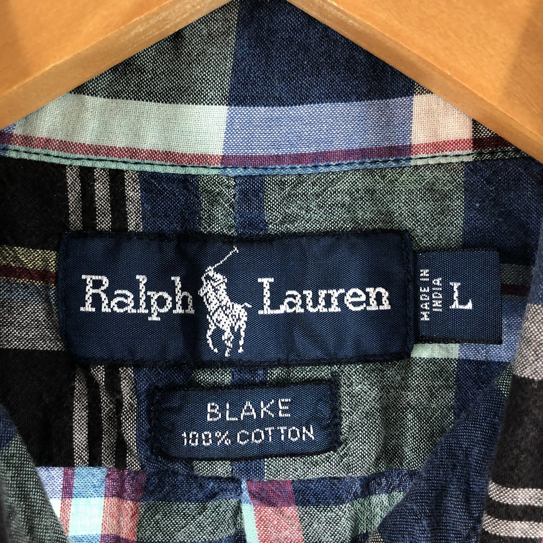 Ralph Lauren BLAKE short sleeve button down check shirt, men's size L cotton navy blue type Vintage Second Hand