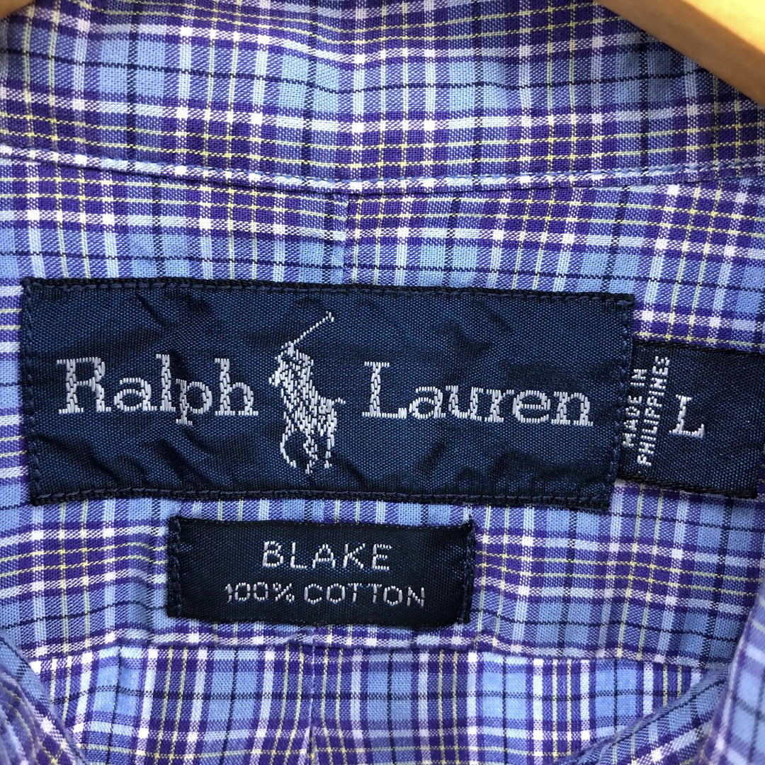 Ralph Lauren BLAKE short sleeve button down check shirt, men's size L cotton blue type Vintage Second Hand