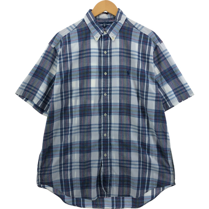 Ralph Lauren BLAKE short sleeve button down check shirt, men's size L cotton navy blue type Vintage Second Hand