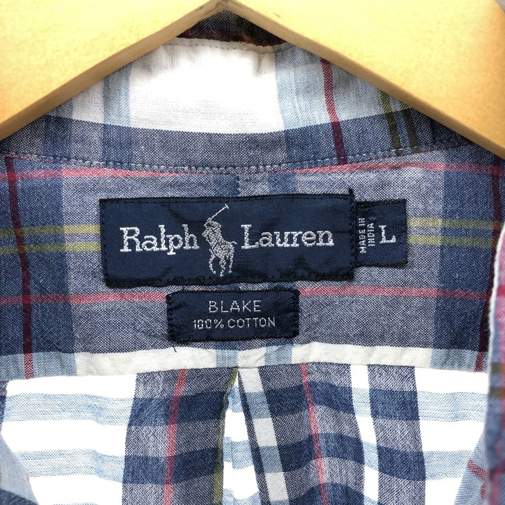 Ralph Lauren BLAKE short sleeve button down check shirt, men's size L cotton navy blue type Vintage Second Hand