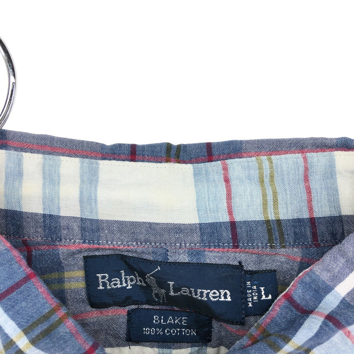 Ralph Lauren BLAKE short sleeve button down check shirt, men's size L cotton navy blue type Vintage Second Hand