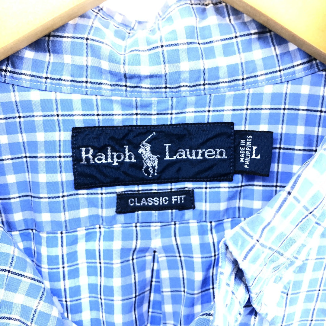 Ralph Lauren Classic Fit short sleeve button down check shirt, men's size L cotton blue type Vintage Second Hand
