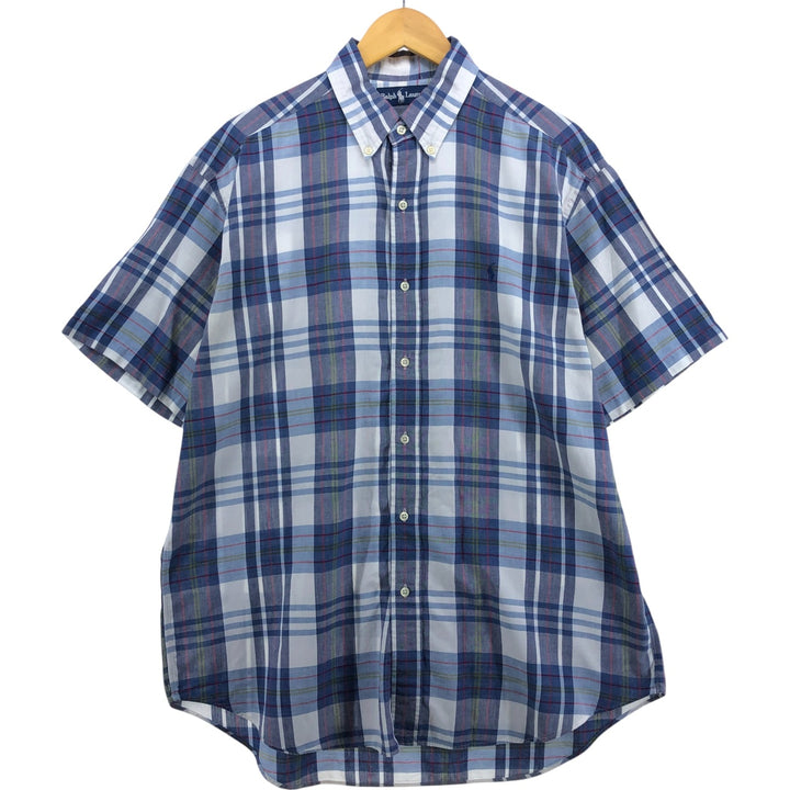 Ralph Lauren short sleeve button down check shirt, men's size L unclear Navy blue Vintage Second Hand
