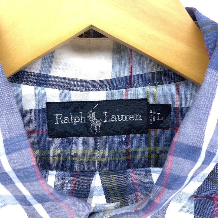 Ralph Lauren short sleeve button down check shirt, men's size L unclear Navy blue Vintage Second Hand